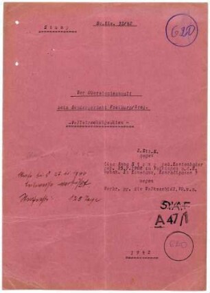 Angeklagte: Stump, Lina Anna (Briefträgerin), Konstanz *25.07.1908 in Vaihingen; + ? Delikt: Verbrechen gegen die Volksschädlingsverordnung Urkundenbeschädigung Amtsunterschlagung Verletzung des Postgeheimnisses Verwahrungsbruch Tatort: Konstanz Tatzeit: Februar 1942