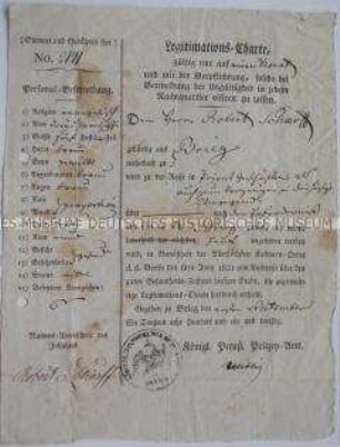 Familien-Konvolut der Familie Schärff - Reiseerlaubnis in die Umgebung von Brieg für Robert Schärff, gültig für einen Monat; Brieg, 1. September 1831