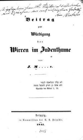 Beitrag zur Würdigung der Wirren im Judenthume / von I. Ms. [Isaak Mieses]