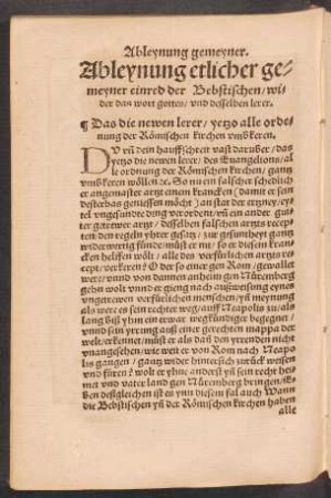 Ableynung etlicher gemeyner einred der Bepstischen/ wider das wort gottes/ und desselben lerer.