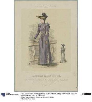 Illustrirte Frauen-Zeitung: Promenaden-Anzug mit rundem Samthut
