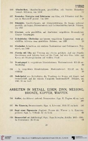 Arbeiten in Metall, Eisen, Zinn, Messing, Bronze, Kupfer, Waffen (Nr. 396-461)