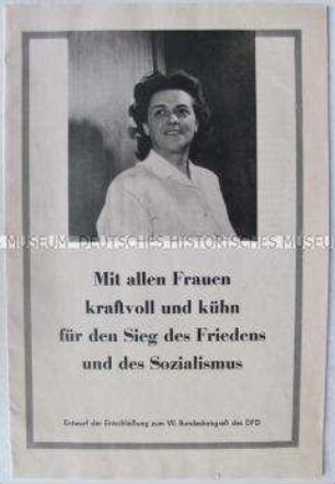 Illustrierte Flugschrift mit dem Text der Entschließung des VII. Bundeskongresses des DFD
