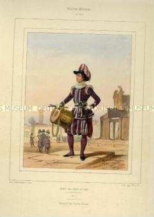 Uniformdarstellung, Tambour der päpstlichen Schweizer Garde, Schweiz, Vatikan, 1840, Tafel 136 aus Galerie Militaire.