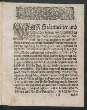 Wir Stättmeister und Rhat der Statt Schwäbischen Hall thun kundt ...