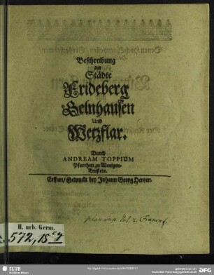 Beschreibung der Städte Frideberg Gelnhausen und Wetzflar