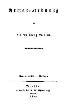 Armen-Ordnung für die Residenz Berlin