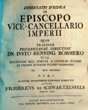 Dissertatio Ivridica De Episcopo Vice-Cancellario Imperii