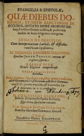 Evangelia & Epistolae, Quae Diebus Dominicis, Et Festis Sanctorum In Ecclesia, Usitato More Proponi Solent, Versibus Graecis reddita