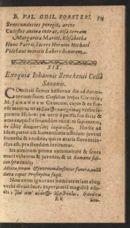 XIX. Exequiae Iohannis Benekinii Cella Saxonis.