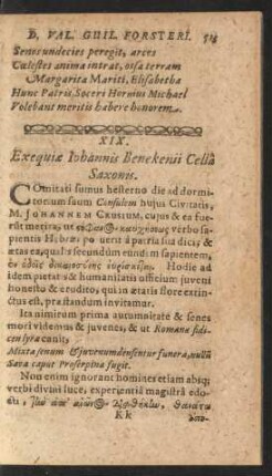 XIX. Exequiae Iohannis Benekinii Cella Saxonis.