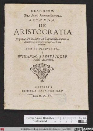 Orationum, De formis Rerumpublicarum. Secunda, De Aristocratia