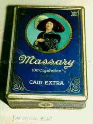 Blechschachtel für "Massary 100 Cigaretten CAID EXTRA" (Abbildung der Schauspielerin Fritzi Massary"