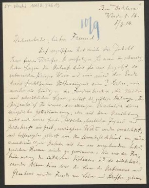 Brief an B. Schott's Söhne : 06.09.1914