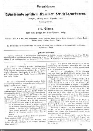 173. Sitzung, Stuttgart, 6.9.1852