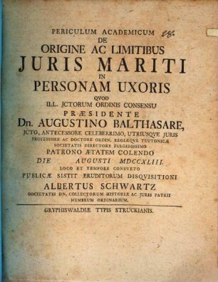 Periculum academicum de origine ac limitibus iuris mariti in personam uxoris