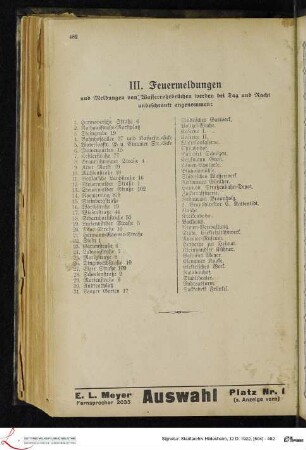 III. Feuer-Meldungen und Meldungen von Wasserrohrbrüchen werden bei Tag und Nacht unbeschränkt angenommen: