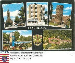 Langen (Hessen), Einzelansichten / 1. Reihe v. l. n. r.: Stadtkirche, Langen-Oberlinden, Stumpfer Turm / 2. Reihe: Freibad, Schloss Wolfsgarten