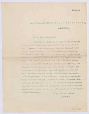Schreiben an den Verlagsbuchhändler Eugen Diederichs (Brief)