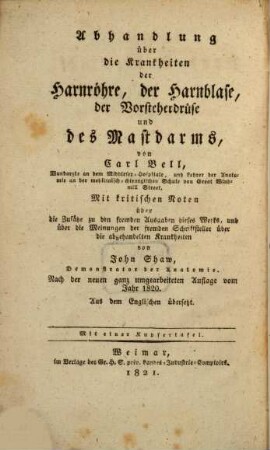 Abhandlung über die Krankheiten der Harnröhre, der Harnblase, der Vorsteherdrüse und des Mastdarms