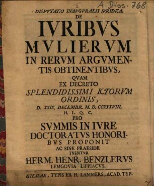 Disputatio inauguralis iuridica de iuribus mulierum in rerum argumentis obtinentibus