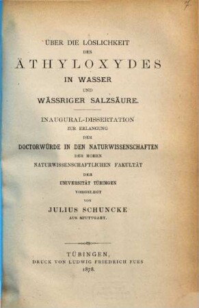 Ueber die Löslichkeit des Äthyloxydes in Wasser und wässriger Salzsäure : (Mit 3 Tafeln) Tübing. Inaug. Dissert.