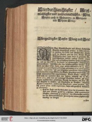 Allerdurchlauchtigster / Großmächtigster und unüberwindlichster Röm. Kayser / auch in Hispanien / zu Hungarn und Böheim König