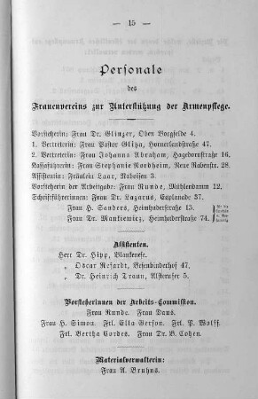 Personale des Frauenvereins zur Unterstützung der Armenpflege.
