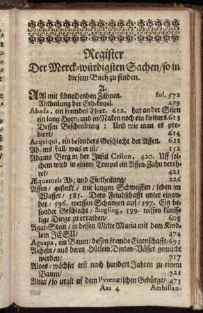 Register Der Merck-würdigsten Sachen, so in diesem Buch zu finden.
