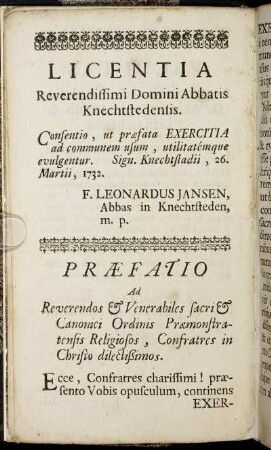 Licentia. Reverendissimi Domini Abbatis Knechtstedensis.