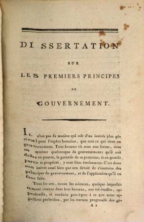 Dissertation sur les prémiers principes de gouvernement