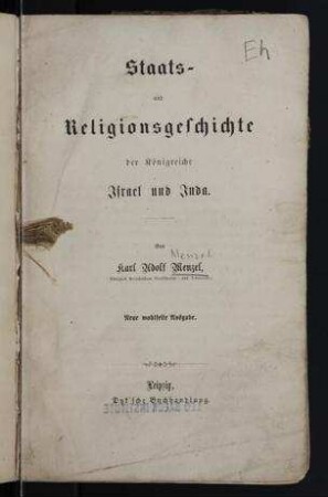 Staats- und Religionsgeschichte der Königreiche Israel und Juda / von Karl Adolf Menzel