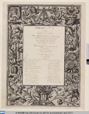 Applaus Votivus; Manuskript mit Kupferstichrahmen