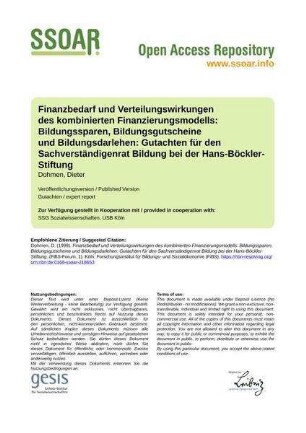 Finanzbedarf und Verteilungswirkungen des kombinierten Finanzierungsmodells: Bildungssparen, Bildungsgutscheine und Bildungsdarlehen: Gutachten für den Sachverständigenrat Bildung bei der Hans-Böckler-Stiftung