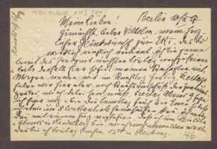 Schreiben von Constantin Fehrenbach, Berlin, an Elisabeth Rosset, Gratulation an Wilhelm Rosset zum EK I und Reise von Fehrenbach nach Essen und Köln