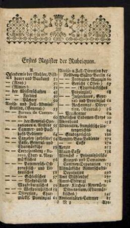 Erstes Register der Rubriquen