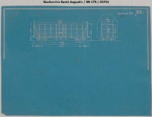 Vierachsiger gedeckter Güterwagen, Angebotszeichnung, Prinzipskizze, Spurweite ca. 1300 mm, nicht verwirklicht