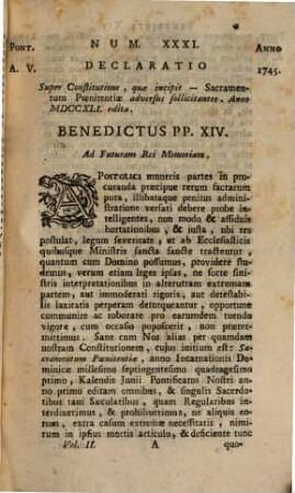 Sanctissimi Domini Nostri Benedicti Papae XIV. Selectae Quaedam Constitutiones, Bullae, Decreta, Epistolae, &c. : Animarum Pastoribus, & Confessariis Utiliores, Ac Necessariae, 2