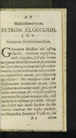 AD Consultißimum Virum, Petrum Cloeckium J.U.D. Senatorem Amstelodamensium