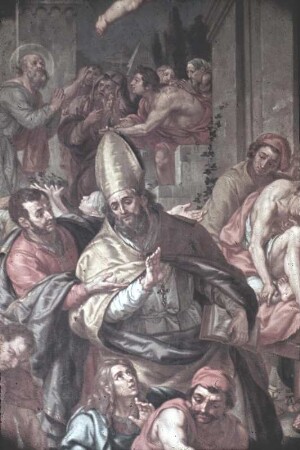 Der heilige Valentin heilt einen Kranken (hinten die Enthauptung des heiligen Maximilian)