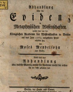 Abhandlung über die Evidenz in metaphysischen Wissenschaften
