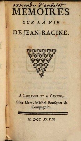 Memoires Sur La Vie De Jean Racine