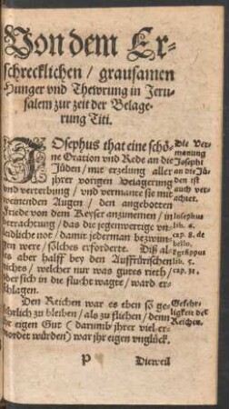 Von dem Erschrecklichen/ grausamen Hunger und Thewrung in Jerusalem zur zeit der Belagerung Titi.