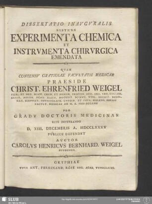 Dissertatio Inavgvralis Sistens Experimenta Chemica Et Instrvmenta Chirvrgica Emendata