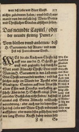 Das neundte Capitel ... Vom bleiben unnd anbetten/ deß H. Sacraments deß Altars/ und vom Fest deß Fronleichnams Christi.