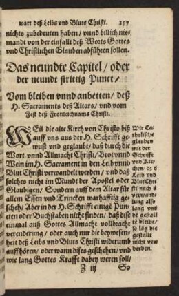 Das neundte Capitel ... Vom bleiben unnd anbetten/ deß H. Sacraments deß Altars/ und vom Fest deß Fronleichnams Christi.