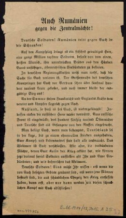 Auch Rumänien gegen die Zentralmächte! : Deutsche Soldaten! Rumänien tritt gegen Euch in die Schranken! ...