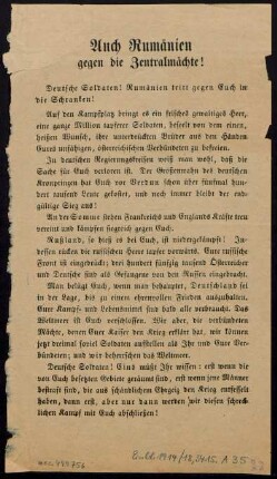 Auch Rumänien gegen die Zentralmächte! : Deutsche Soldaten! Rumänien tritt gegen Euch in die Schranken! ...