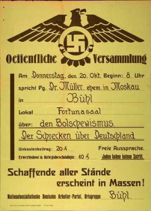 Versammlung der NSDAP-Ortsgruppe Bühl: Bolschewismus der Schrecken über Deutschland