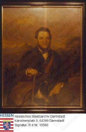 Dieffenbach, Ernst, Prof. Dr. med. (1811-1855) / Porträt mit Stock, im Hintergrund Gegend um Gießen, Halbfigur